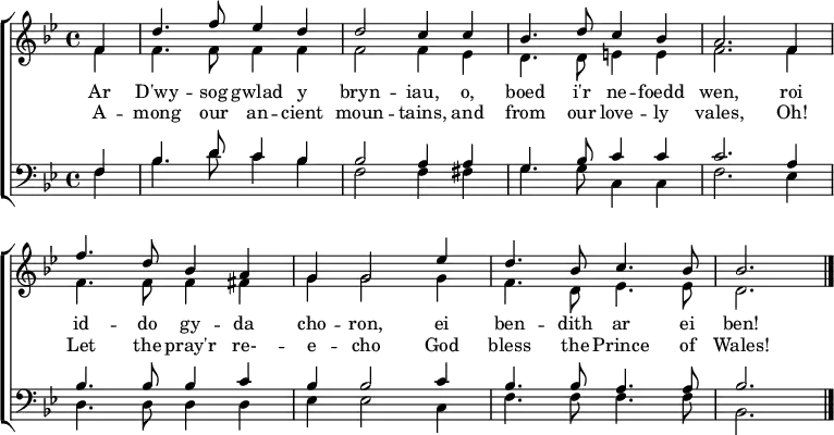 \header { tagline = ##f }
\layout { indent = 0 \context { \Score \remove "Bar_number_engraver" } }
global = { \key bes \major \time 4/4 \partial 4 }
soprano = \relative bes' { \global
f4 | d'4. f8 es4 d | d2 c4 c | bes4. d8 c4 bes | a2.
f4 | f'4. d8 bes4 a | g g2 es'4 | d4. bes8 c4. bes8 bes2. \bar "|."
}
alto = \relative c' { \global
f4 | f4. f8 f4 f | f2 f4 es | d4. d8 e4 e | f2.
f4 | f4. f8 f4 fis | g g2 g4 f4. d8 es4. es8 | d2. \bar "|."
}
tenor = \relative c { \global
f4 | bes4. d8 c4 bes | bes2 a4 a | g4. bes8 c4 c | c2.
a4 | bes4. bes8 bes4 c | bes bes2 c4 bes4. bes8 a4. a8 | bes2. \bar "|."
}
bass = \relative c { \global
f4 | bes4. d8 c4 bes | f2 f4 fis | g4. g8 c,4 c | f2.
es4 | d4. d8 d4 d | es es2 c4 | f4. f8 f4. f8 | bes,2. \bar "|."
}
verse = \lyricmode {
A -- mong our an -- cient moun -- tains,
and from our love -- ly vales,
Oh! Let the pray'r re- -- e -- cho
God bless the Prince of Wales!
}
Welsh = \lyricmode {
Ar D'wy -- sog gwlad y bryn -- iau,
o, boed i'r ne -- foedd wen,
roi id -- do gy -- da cho -- ron,
ei ben -- dith ar ei ben!
}
\score {
\new ChoirStaff <<
\new Staff \with { midiInstrument = "brass section" }
<<
\new Voice = "soprano" { \voiceOne \soprano }
\new Voice = "alto" { \voiceTwo \alto }
>>
\new Lyrics \with { \override VerticalAxisGroup #'staff-affinity = #CENTER }
\new Lyrics \lyricsto "soprano" \Welsh
\new Lyrics \lyricsto "soprano" \verse
\new Staff \with { midiInstrument = "brass section" }
<<
\clef bass
\new Voice = "tenor" { \voiceOne \tenor }
\new Voice = "bass" { \voiceTwo \bass }
>>
>>
\layout { }
\midi { \tempo 4=102 }
}