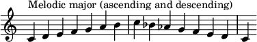 {
\override Score.TimeSignature #'stencil = ##f
\relative c' {
\clef treble \time 7/4
c4^\markup { Melodic major (ascending and descending) } d e f g a b c bes aes g f e d c
} }