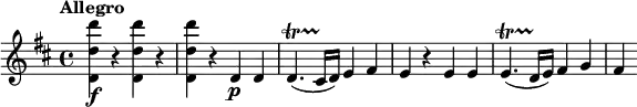 \relative c' {
\tempo "Allegro"
\key d \major
<d d' d'>4\f r q r |
q4 r d\p d |
d4.\startTrillSpan( cis16\stopTrillSpan d) e4 fis |
e4 r e e |
e4.\startTrillSpan( d16\stopTrillSpan e) fis4 g |
fis4
}