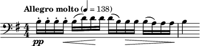  \relative c' { \set Staff.midiInstrument = #"cello" \clef bass \key e \minor \tempo "Allegro molto" 4 = 138 \numericTimeSignature \time 4/4 b16-.\pp b-. b-. b-.\< b( d) d\! d d( b) b\> b b( a) a a\! | b4 } 