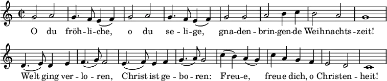 <<
\new Voice \relative c'' {
\autoBeamOff
\language "deutsch"
\set Staff.midiInstrument = #"recorder"
\tempo 4 = 120 \set Score.tempoHideNote = ##t
\override Score.BarNumber #'transparent = ##t
\time 2/2
\repeat unfold 2 {
g2 a g4. f8 e4 ( f )
}
g2 g a h4 c h2 a g1
d4. ( e8 ) d4 e f4. ( g8 ) f2
e4. ( f8 ) e4 f g4. ( a8 ) g2
c4 ( h ) a ( g ) c a g f e2 d c1
}
\addlyrics {
O du fröh -- li -- che, o du se -- li -- ge,
gna -- den -- brin -- gen -- de Weih -- nachts -- zeit!
Welt ging ver -- lo -- ren, Christ ist ge -- bo -- ren:
Freu -- e, freu -- e dich, o Chris -- ten -- heit!
}
>>