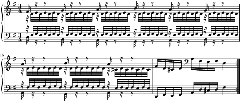 
\new PianoStaff <<
 \new Staff <<
  \new Voice \relative c' {
   \key g \major \time 3/4 \voiceOne
   \set Score.currentBarNumber = 13
   fis16 r r8 g16 r r8 a16 r r8 |
   b16 r r8 a16 r r8 g16 r r8 |
   a16 r r8 b16 r r8 a16 r r8 |
   \oneVoice fis16 d cis d \clef bass a fis e fis d4 | \bar ":|."
  }
  \new Voice \relative c' {
   \voiceTwo
   \repeat unfold 8 { r32 d e d e d e d } r cis d cis d cis d cis |
  }
 >>
 \new Staff <<
  \new Voice \relative c {
   \key g \major \clef bass \voiceOne
   \repeat unfold 8 { r32 fis g fis g fis g fis } r e fis e fis e fis e |
  }
  \new Voice \relative c {
   \voiceTwo
   d16 r r8 b16 r r8 a16 r r8 |
   g16 r r8 a16 r r8 b16 r r8 |
   a16 r r8 g16 r r8 a16 r r8 |
   \oneVoice d,16 fis e fis a d cis d fis4 |
  }
 >>
>>
