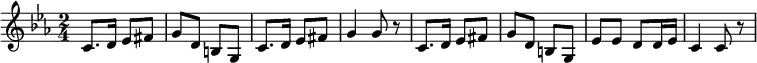
\relative a { 
\key c \minor
\time 2/4 
\tempo ""
\tempo 4 = 60
c8. d16 ees8 fis
g d b g
c8. d16 ees8 fis
g4 g8 r
c,8. d16 ees8 fis
g d b g
ees' ees d d16 ees
c4 c8 r
}
