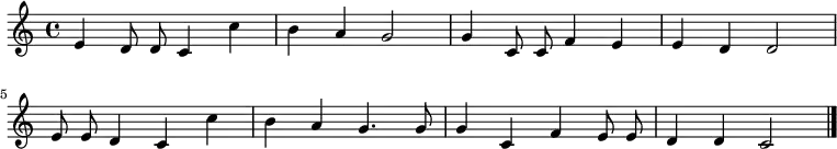 \new Staff <<
\clef treble \key c \major {
\time 4/4 \autoBeamOff
\relative c' {
e4 d8 d8 c4 c' | b a g2 | g4 c,8 c f4 e | e d d2 \break
e8 e d4 c c' | b4 a g4. g8 | g4 c, f e8 e | d4 d c2 \bar "|."
}
}
>>
\midi { \tempo 2 = 78 }