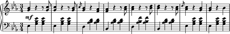 
 \relative b' {
  \new PianoStaff <<
   \new Staff { \key c \minor \time 3/4 \set Score.tempoHideNote = ##t \tempo 4 = 120
    <<
   {
     <g bes>4 r4 r8 <g c>8 <g c>4 r4 r8 <g bes>8 \slashedGrace c8 <g bes>4 r4 <f aes>4 <f aes>4 r4 r8 <aes c>8 <aes c>4 r4 r8 <bes d>8 <bes d>4 r4 r8 <aes c>8 \slashedGrace d8 <aes c>4 r <g bes>4 <g bes>4 r4 bes4
   }
    >>
   }
   \new Dynamics {
    s\mf
   }
   \new Staff { \key c \minor \time 3/4 \clef bass
    ees,, <g bes ees> <g bes ees> ees <g bes ees> <g bes ees> d <aes' bes d> <aes bes d> bes, <aes' bes d> <aes bes d> d, <aes' bes f'> <aes bes f'> bes, <aes' bes d> <aes bes d> ees <g bes ees> <g bes ees> ees <g bes ees> <g bes ees>
   }
  >>
 }

