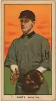 Baseball card of a player in uniform with an "H" on the sleeve