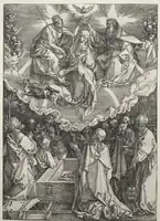 Albrecht Dürer, woodcut, 1510, combined Assumption and Coronation of the Virgin