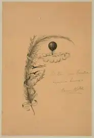 Drawing of stalk of wheat and balloon flying above clouds, by Maurice Mallet