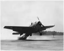 A Grumman TBF Avenger torpedo bomber taking off with the aid of 330 horsepower (250 kW) jet-assisted unit in about half the normal run.