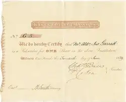King's College of London subscription certificate for one share to the value of £100, issued 20 June 1829, registered to Alderman Garratt, 1824 Lord Mayor of the City of London